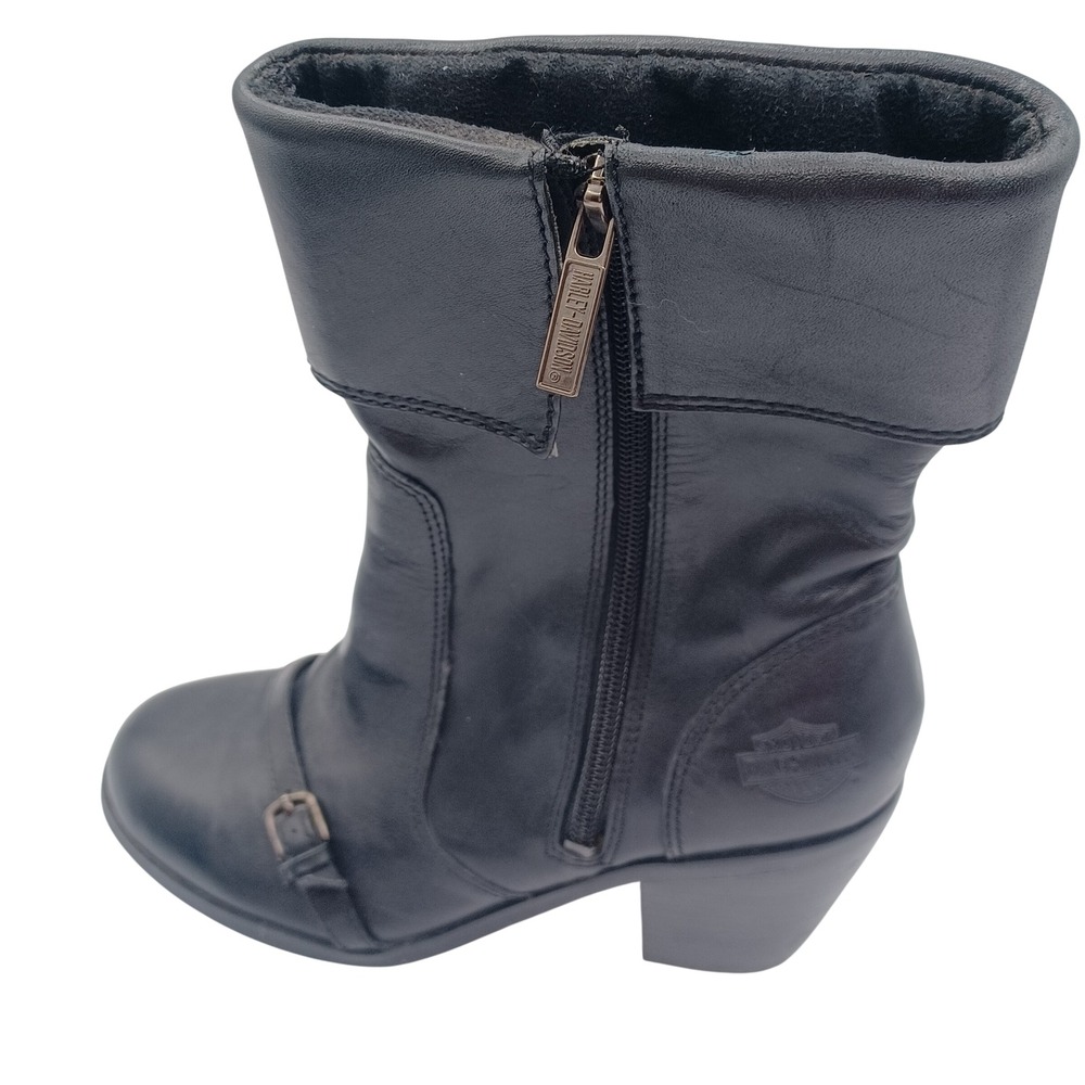 Harley Davidson Heeled Boots Womens 7‎ Black Leather Moto Fold Over Cuff
